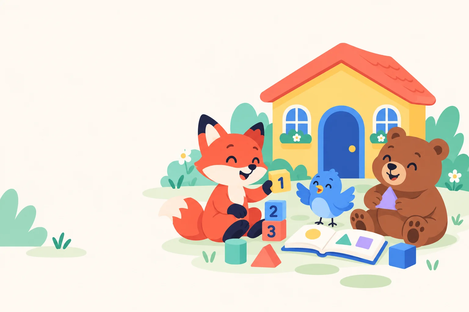 A fox, bird, and bear playing with number blocks, a book, and shapes outside a cheerful playhouse