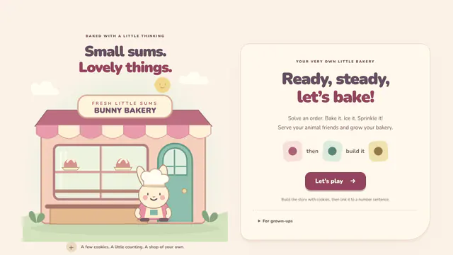 Bunny Bakery game with a bunny baker and a build-the-story welcome card