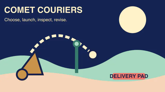 A cream parcel capsule arcs from a brass launcher toward a coral moon-garden delivery pad