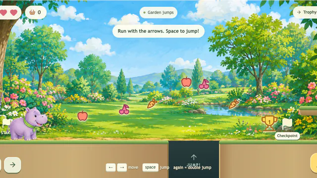 Hippo running through a bright garden platform course