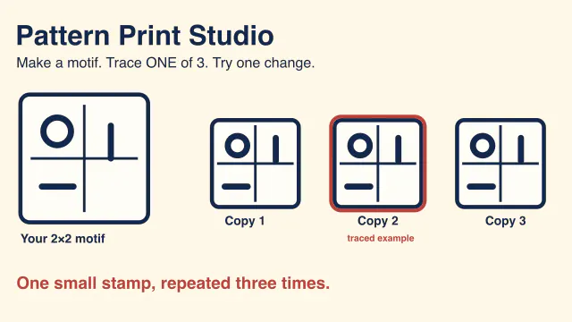 Four colourful motif marks and three matching paper-print copies