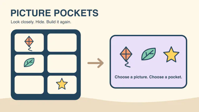 A warm picture workshop with illustrated objects in six cabinet pockets
