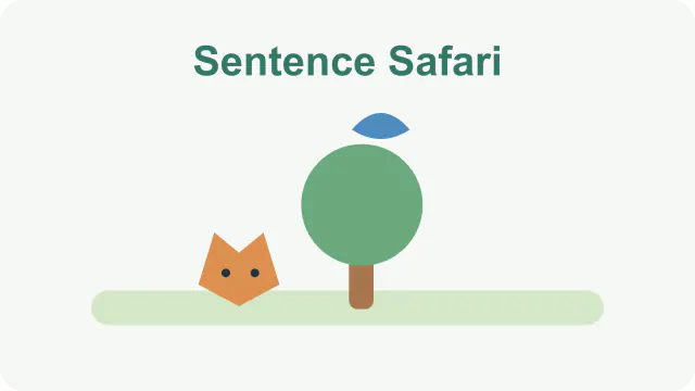 Bird above a tree, fox beside it and apples in a basket